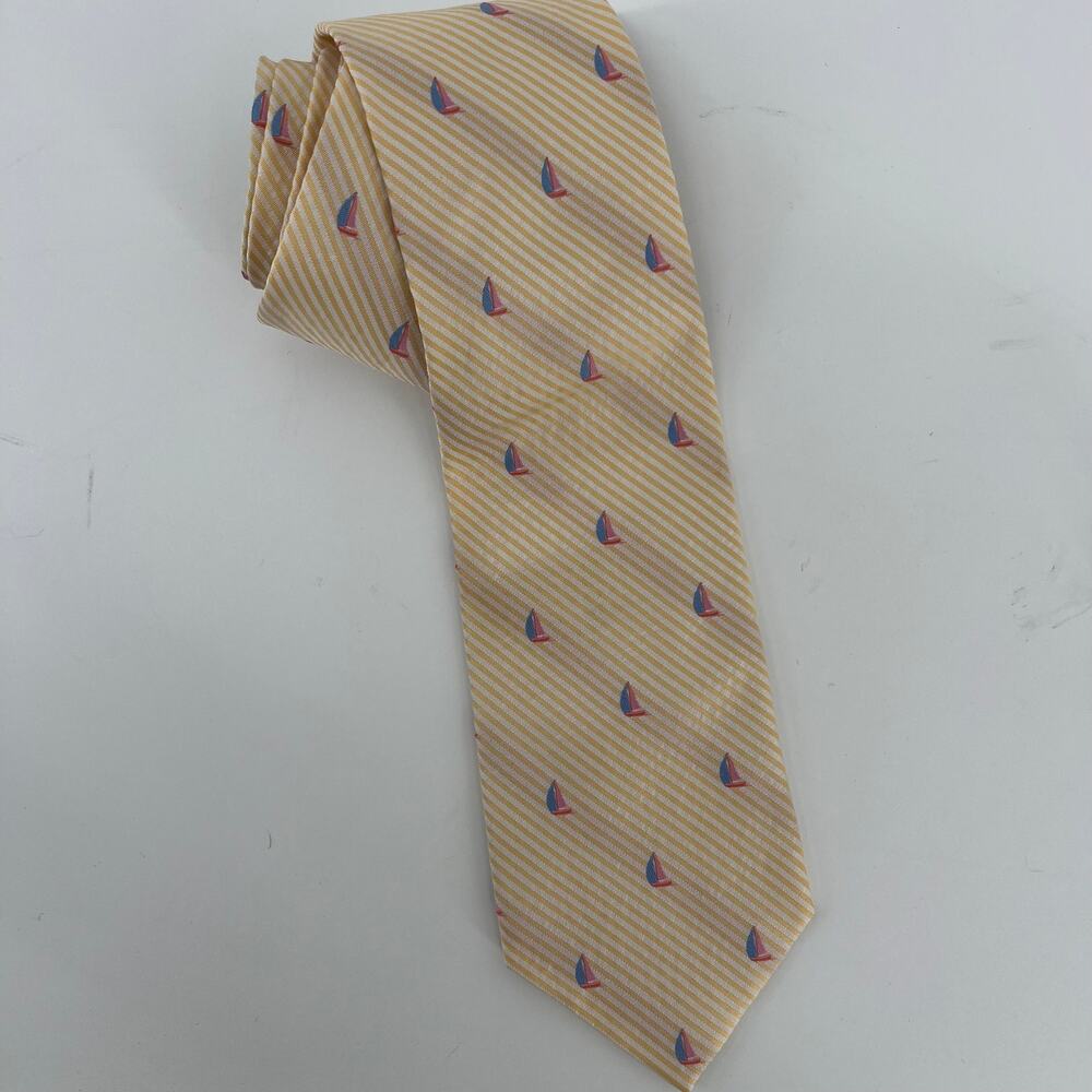 Rooster 100% Silk Necktie Yellow White Striped Sailboat Seersucker 3.75" Preppy